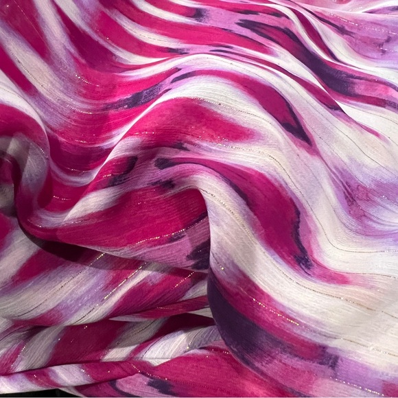 Chico's Fuchsia Purple Ikat Tunic Top Cold Shoulder Gold Thread Uzbek Boho Shawl - Picture 9 of 9